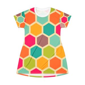 Colorful Honeycomb T-Shirt Dress, Casual Summer Dress, Women’s Fashion Dress, Vibrant AOP Dress, Fun Party Dress, Gift for Her